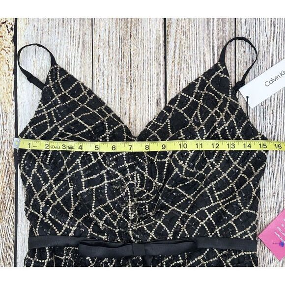 CALVIN KLEIN Sequin Mesh A-Line Party Dress Size‎ 2 Black Sleeveless V-Neck NWT - Picture 7 of 11